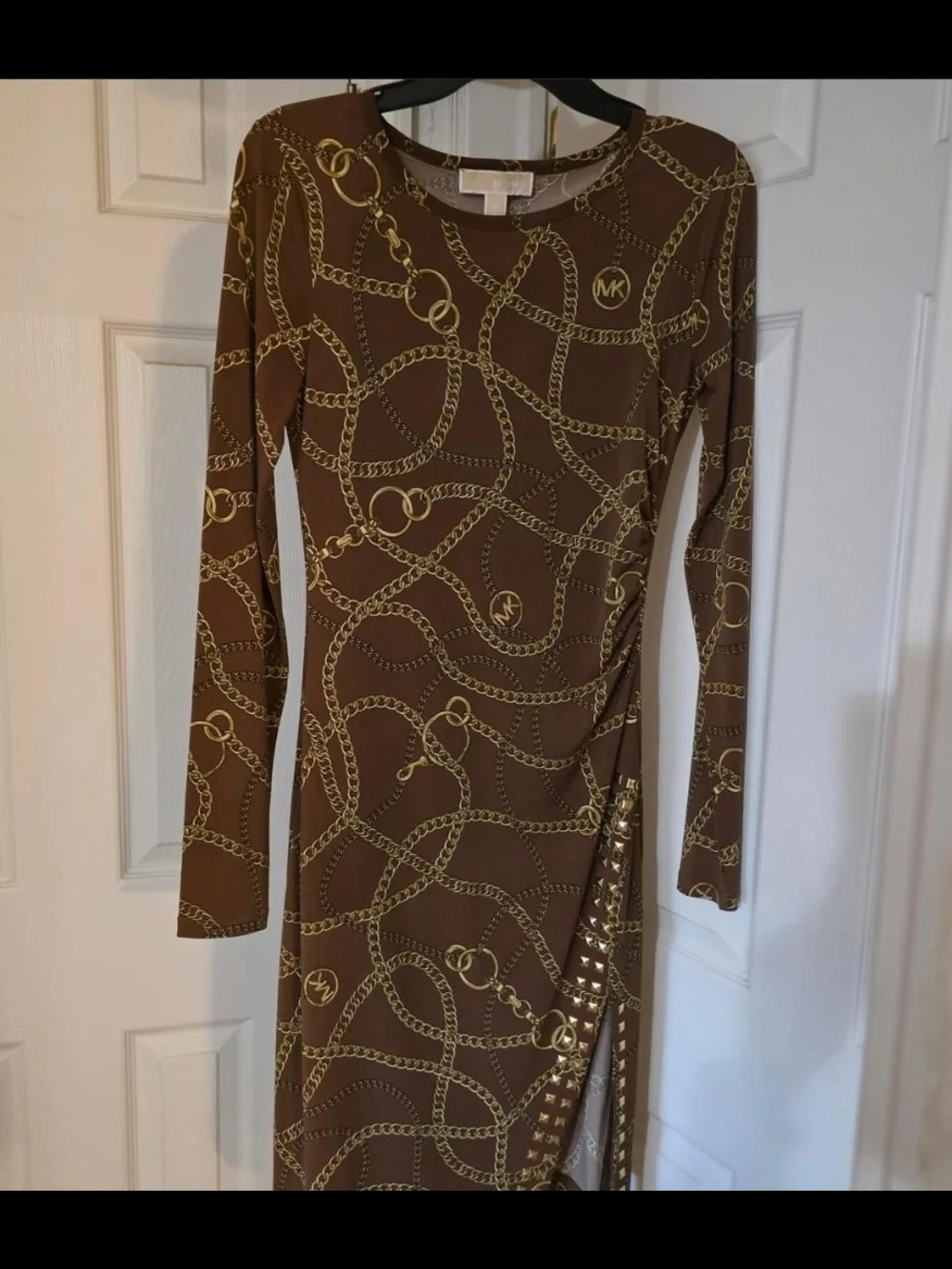 Michael Kors Brown Dress with Gold Chain Print - Long Sleeve